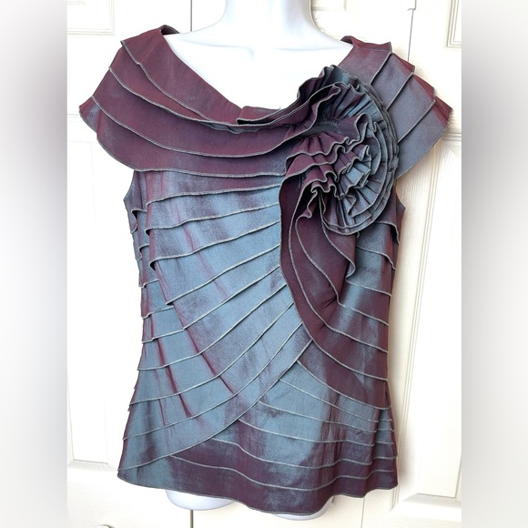TADASHI Collection Layered Blouse Iridescent Purple Blue Rosette Shoji Taffeta - Picture 9 of 9